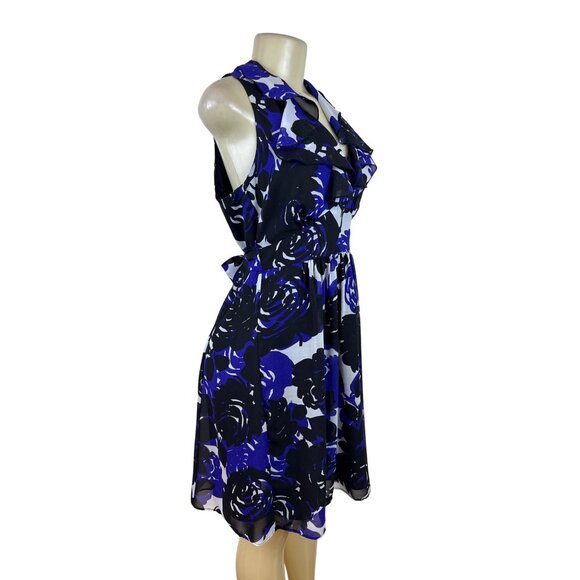 Trulli Women’s Blue Floral Sleeveless A-Line Dress With Ruffled Neckline Sz M - Picture 2 of 9